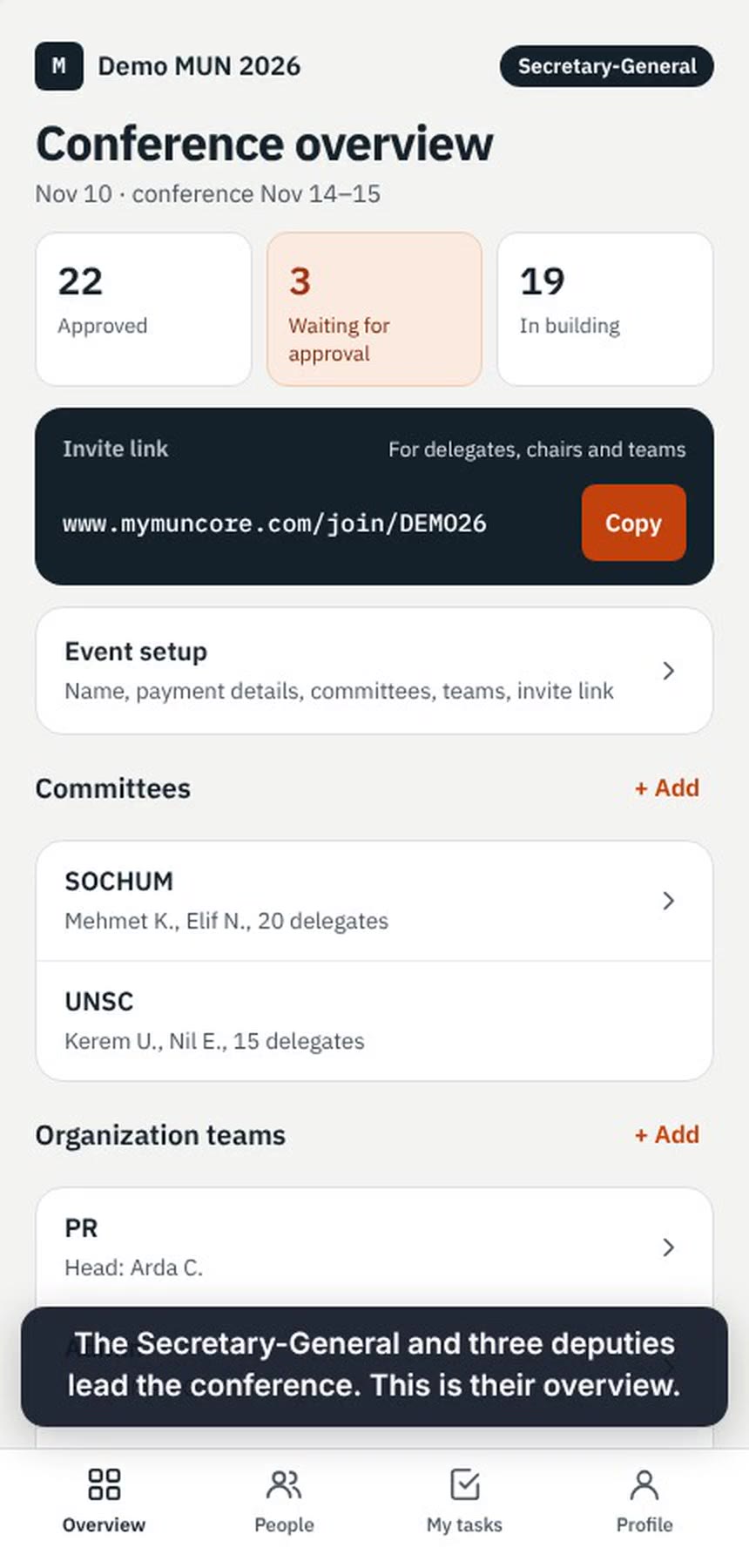 MUNCore on a phone: the organizer’s conference overview with approvals, the invite link and committees